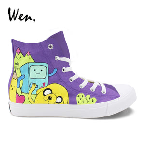 Wen Design Custom Vulcanize Shoes Men Lacing Plimsolls Cartoon Animation Adventure Time Hand Painted Canvas Sneakers Casual Flat