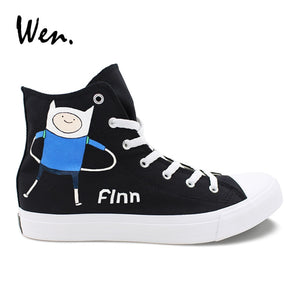 Wen Hand Painted Shoes Black Canvas Top High Sneakers Adventure Time Finn Jake Design Graffiti Shoes Laced Low Heeled Plimsolls