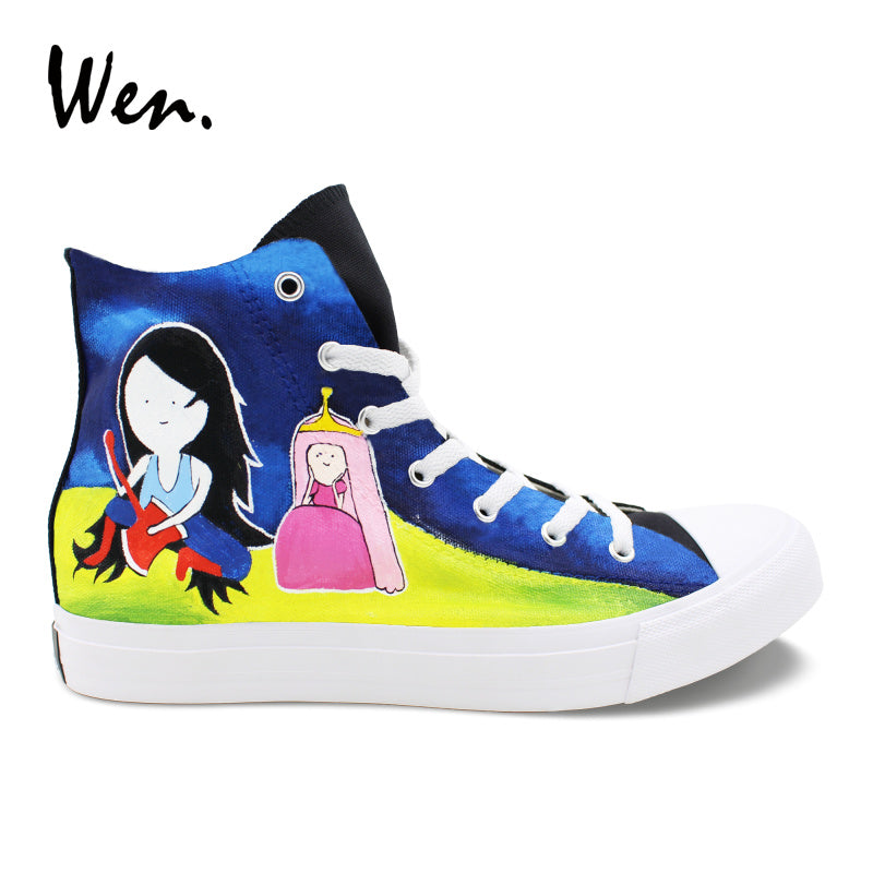 Wen Student Sneakers Graffiti Hand Painted Canvas Shoes Adventure Time Design Vulcanized Shoes High Help Casual Flat Plimsolls