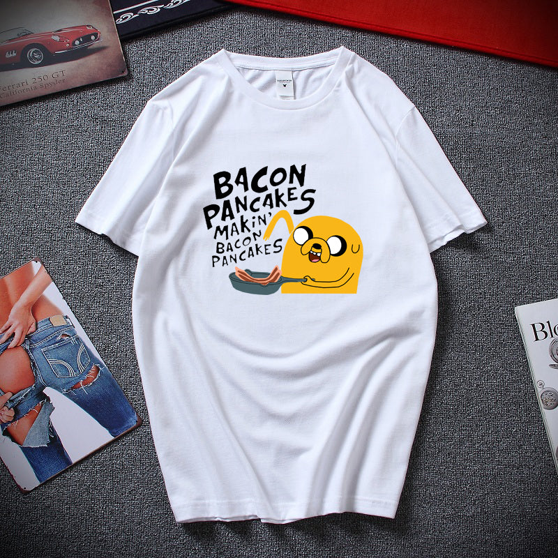 Fashion style cotton short sleeves adventure time jake and finn Bacon pancakes black white t shirt tee