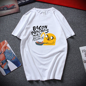 Fashion style cotton short sleeves adventure time jake and finn Bacon pancakes black white t shirt tee