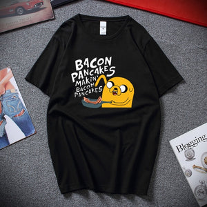 Fashion style cotton short sleeves adventure time jake and finn Bacon pancakes black white t shirt tee