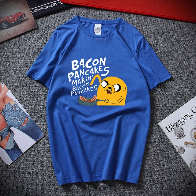 Fashion style cotton short sleeves adventure time jake and finn Bacon pancakes black white t shirt tee