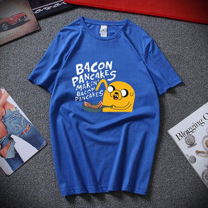 Fashion style cotton short sleeves adventure time jake and finn Bacon pancakes black white t shirt tee
