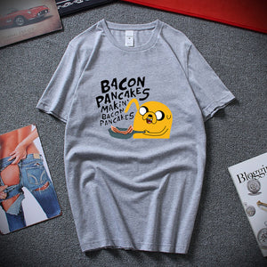 Fashion style cotton short sleeves adventure time jake and finn Bacon pancakes black white t shirt tee