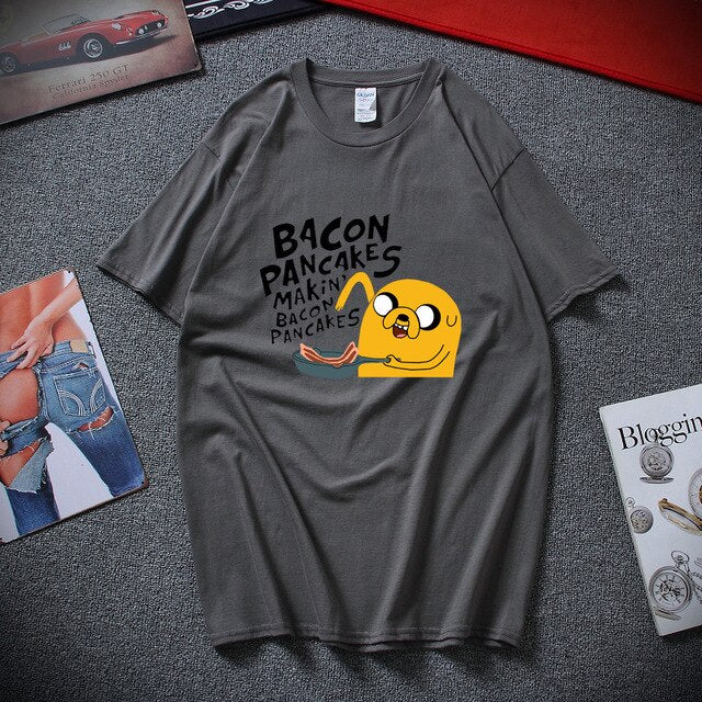 Fashion style cotton short sleeves adventure time jake and finn Bacon pancakes black white t shirt tee