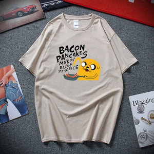 Fashion style cotton short sleeves adventure time jake and finn Bacon pancakes black white t shirt tee