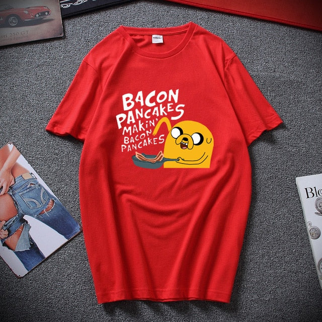 Fashion style cotton short sleeves adventure time jake and finn Bacon pancakes black white t shirt tee