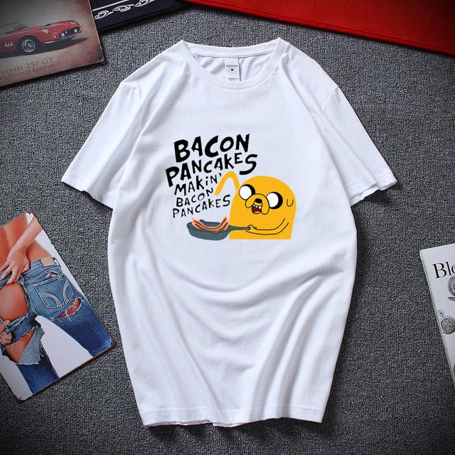 Fashion style cotton short sleeves adventure time jake and finn Bacon pancakes black white t shirt tee