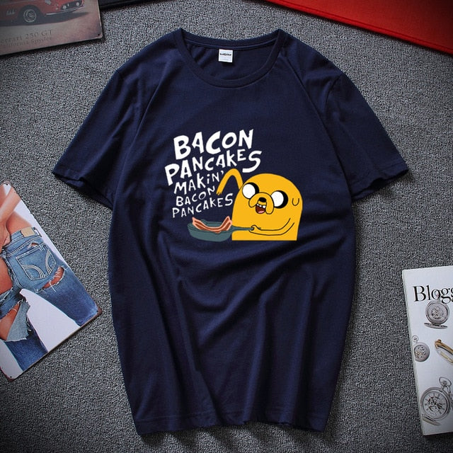 Fashion style cotton short sleeves adventure time jake and finn Bacon pancakes black white t shirt tee