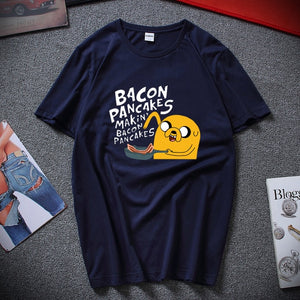 Fashion style cotton short sleeves adventure time jake and finn Bacon pancakes black white t shirt tee