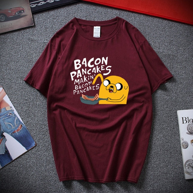 Fashion style cotton short sleeves adventure time jake and finn Bacon pancakes black white t shirt tee