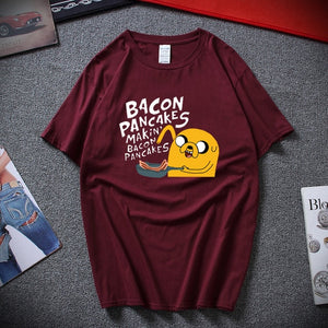 Fashion style cotton short sleeves adventure time jake and finn Bacon pancakes black white t shirt tee